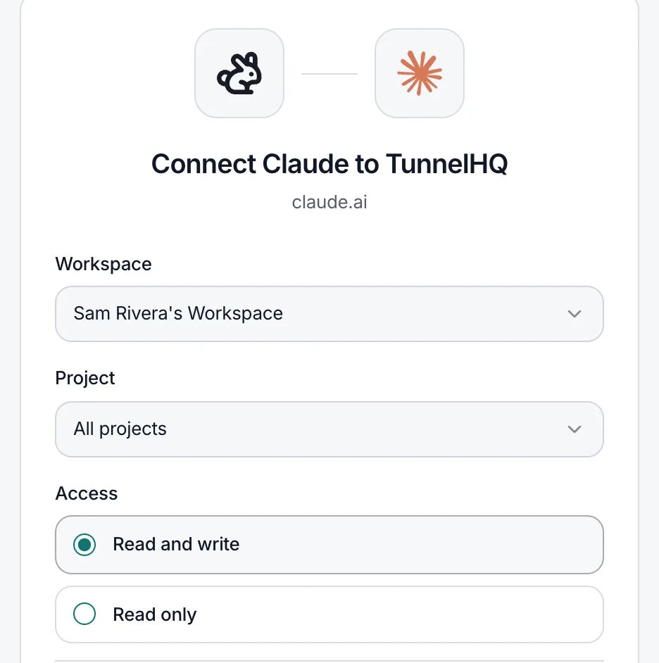Connect Claude to TunnelHQ: the TunnelHQ rabbit beside the Claude mark, workspace Sam Rivera's Workspace, all projects, and Read and write chosen over Read only.
