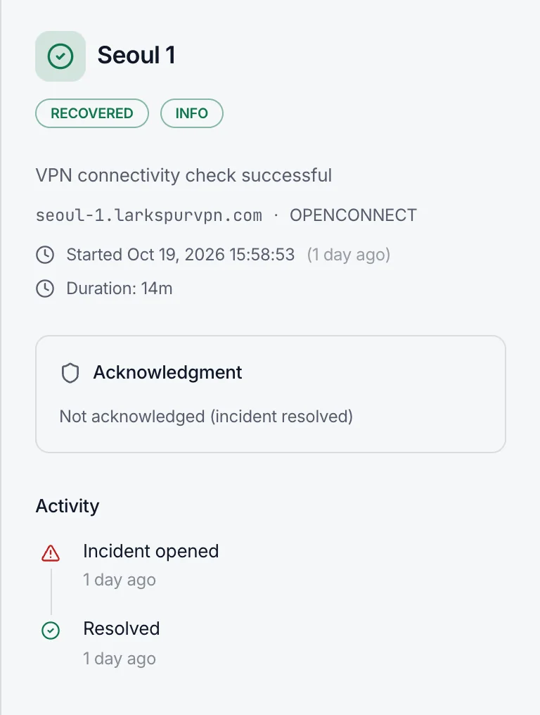 Incident details for Seoul 1, an OpenConnect server: recovered, started Oct 19 at 15:58, lasted 14 minutes, with its activity log from incident opened to resolved.