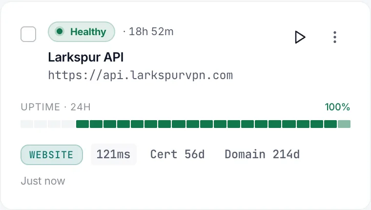 The Larkspur API check card: Healthy, 100% uptime over 24 hours, WEBSITE, 115 ms, Cert 56d and Domain 214d.